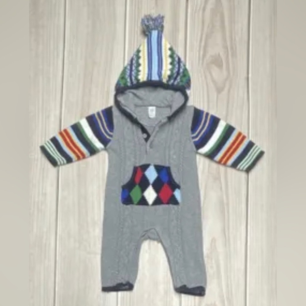 Baby Gap Boys 3-6 Months One Piece Sweater Romper Hood Argyle Stripe